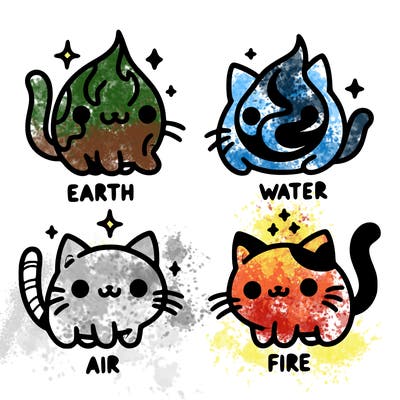 4 cats that represent the different elements, earth, water, air, and fire