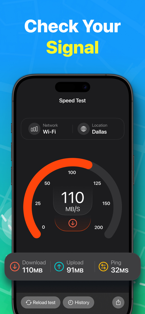 Interface de teste de velocidade de um aplicativo móvel mostrando resultados de desempenho de download e upload da rede