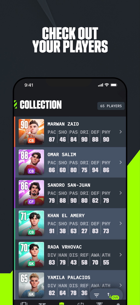 A list of soccer players in the GOALS Companion app collection menu showing their individual stats and ratings