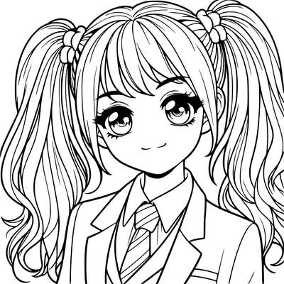 realistic girl with two ponytails and a suit on