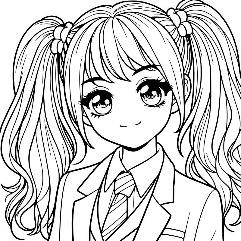 realistic girl with two ponytails and a suit on