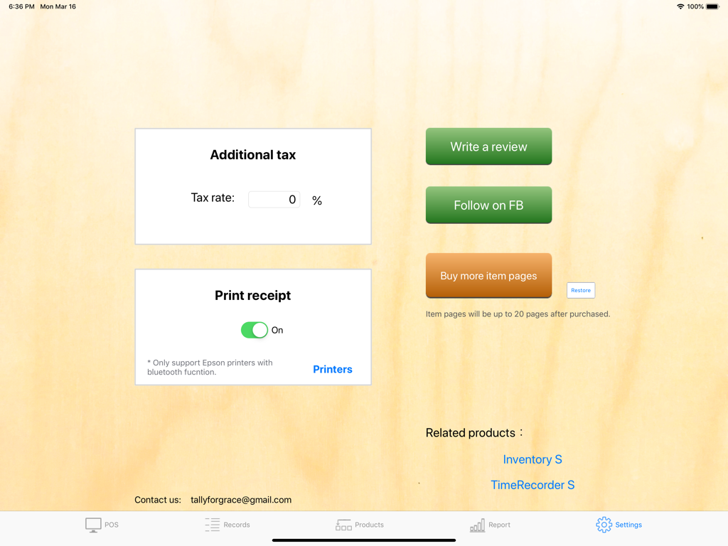 POS S Pro app settings screen on iPad showing options for tax rates and Bluetooth receipt printing