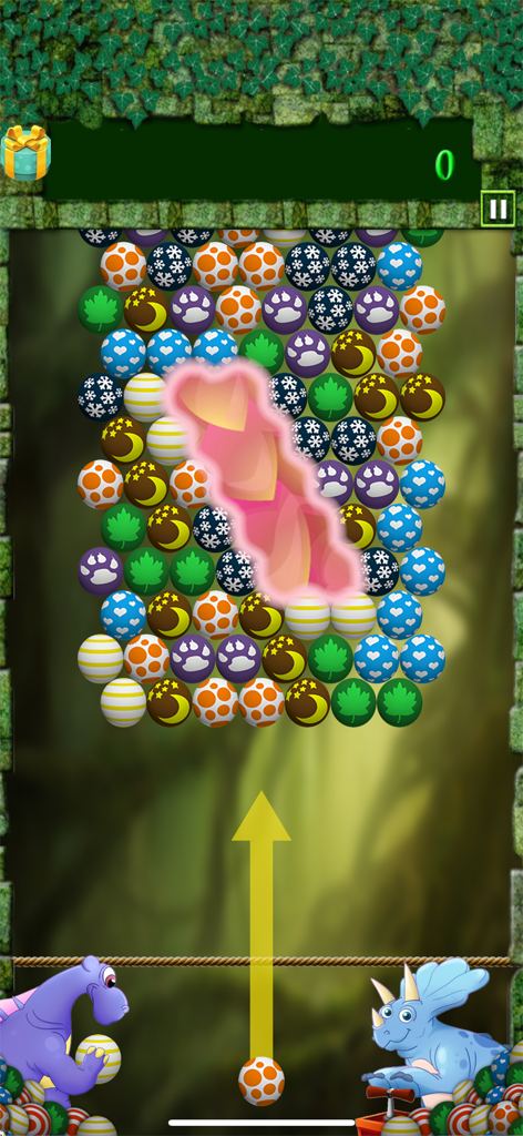 Dinosaur-themed bubble shooter game featuring colorful patterned eggs and a jungle background.