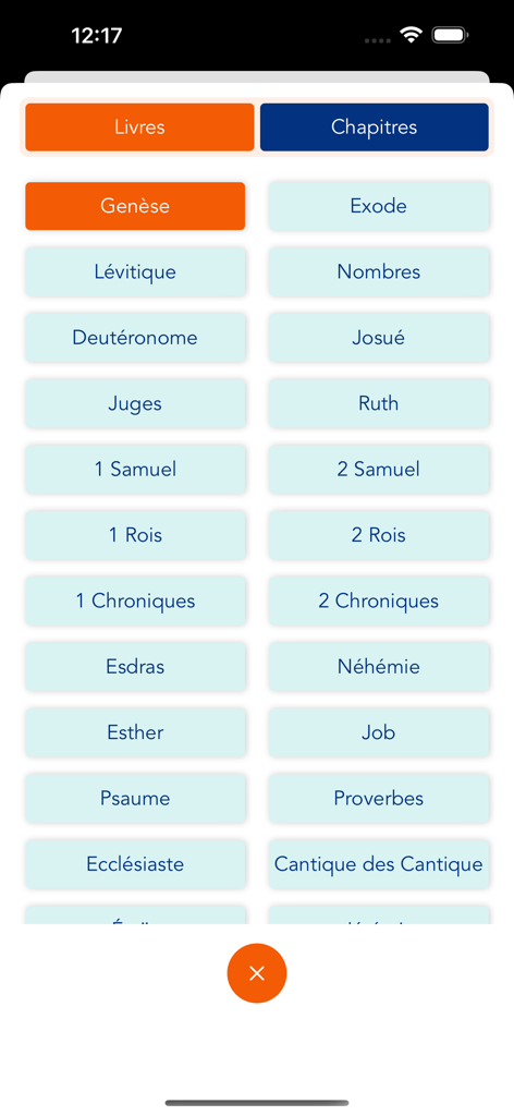 French Bible - Offline - Interfaz de la aplicación Biblia en Francés mostrando una cuadrícula de botones para seleccionar diferentes libros de la Biblia como Genèse y Exode.