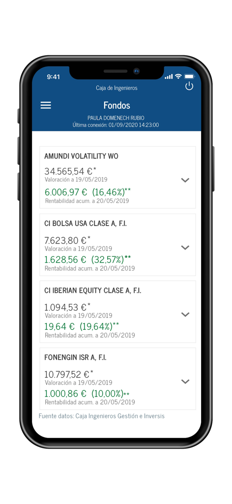 Pantalla de móvil de la aplicación de Caja Ingenieros que muestra una lista de fondos de inversión y el rendimiento de la cartera.