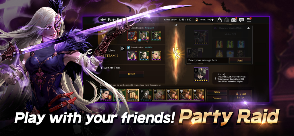Heir of Light mobile game party raid interface featuring a dark fantasy warrior and strategic team selection