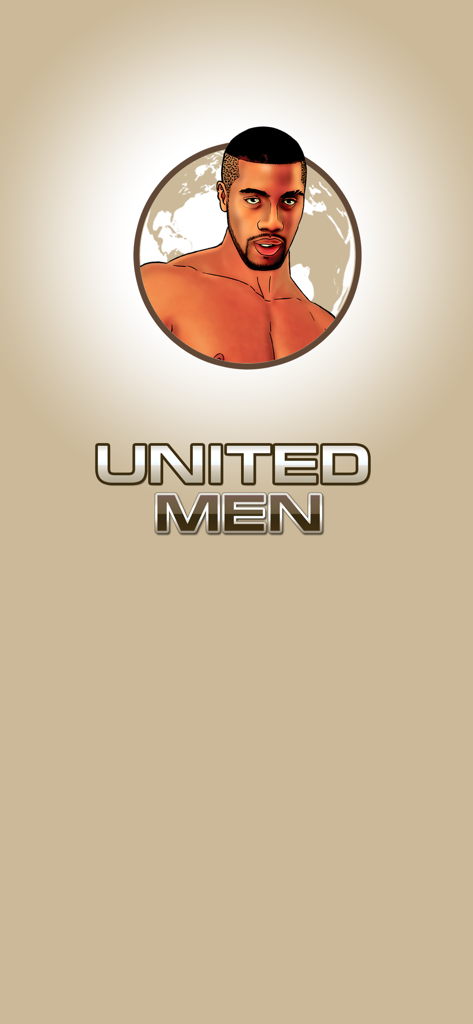 UnitedMen App Splash Screen mit einem illustrierten Porträt eines Mannes über einer Weltkarte und dem App-Namen in metallischen Buchstaben.