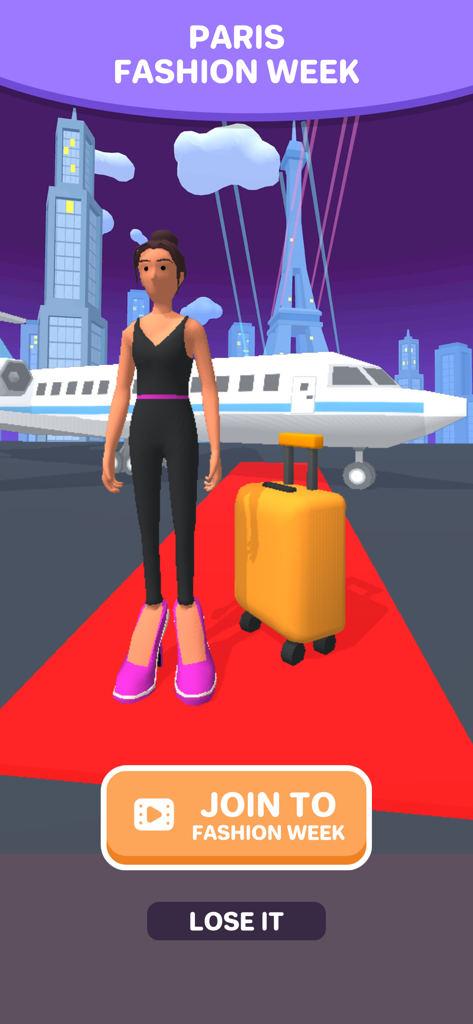 High Heels! - A female character in pink high heels standing on a red carpet in front of a private jet and the Eiffel Tower for Paris Fashion Week.
