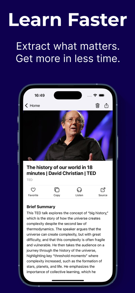 Pantalla de teléfono inteligente que muestra un resumen generado por IA de un video de TED talk.