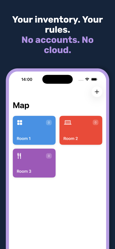 ItemMind – Home Inventory - Screenshot of the ItemMind app Map screen displaying organized rooms and a privacy-focused headline stating no accounts or cloud are required