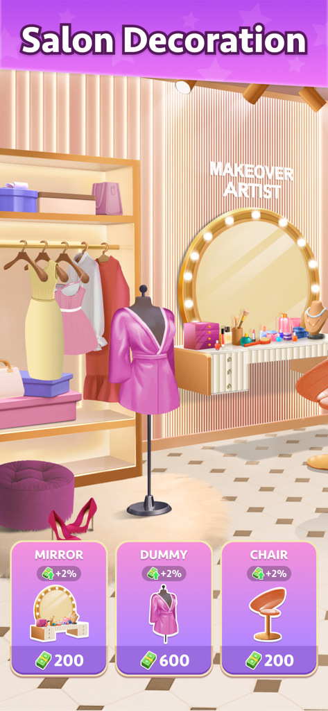 Makeover Artist-Makeup Games - メイクアップツールと家具でスタイリッシュなファッションサロンをカスタマイズするためのインテリアデザイン画面。