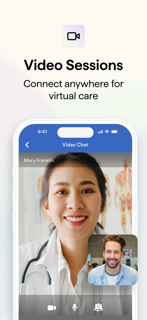 Healthie - A video call interface on the Healthie app showing a virtual care session between a provider and a client.