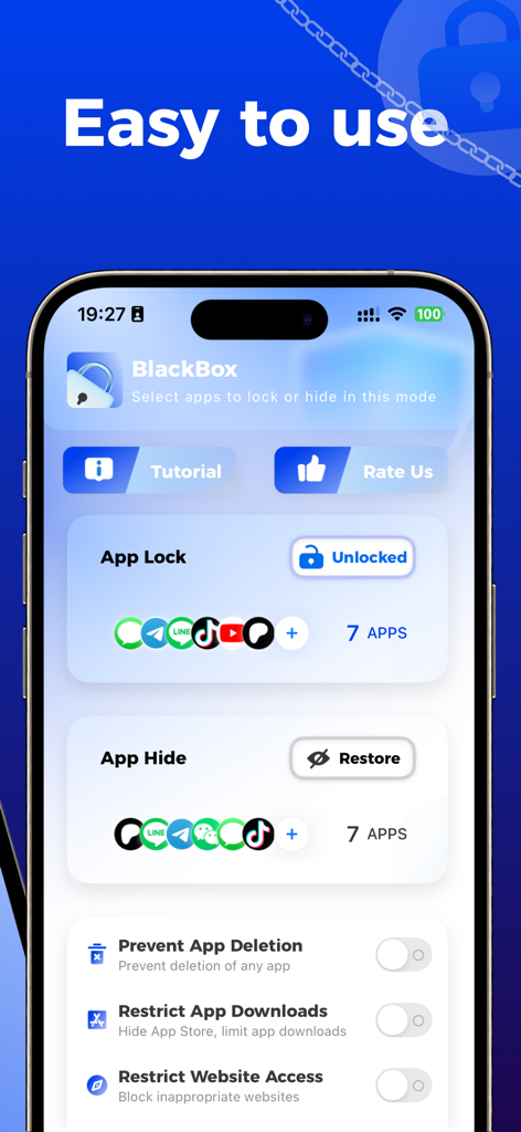 Black Box - Lock Restrict Apps - Dashboard dell'app Black Box che mostra opzioni per bloccare, nascondere e limitare le applicazioni.