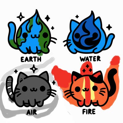 4 cats that represent the different elements, earth, water, air, and fire