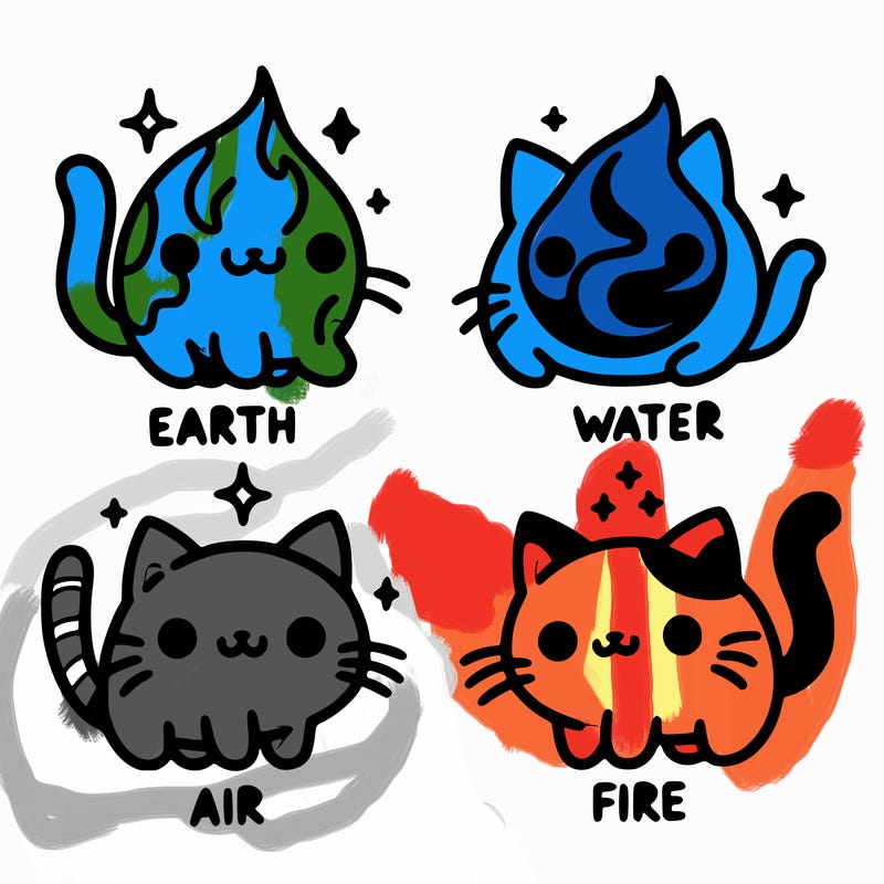 4 cats that represent the different elements, earth, water, air, and fire
