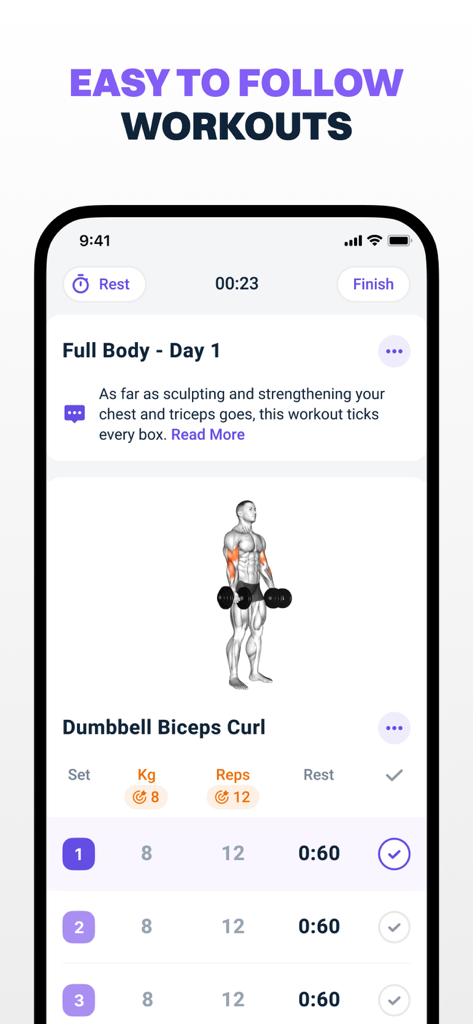 James Smith Academy - A workout tracking screen from the James Smith Academy app showing a dumbbell biceps curl exercise with set and rep details.