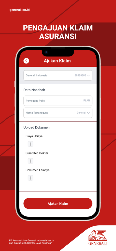 Gen iClick - Asuransi & DPLK - Insurance claim submission interface in Gen iClick app with document upload options