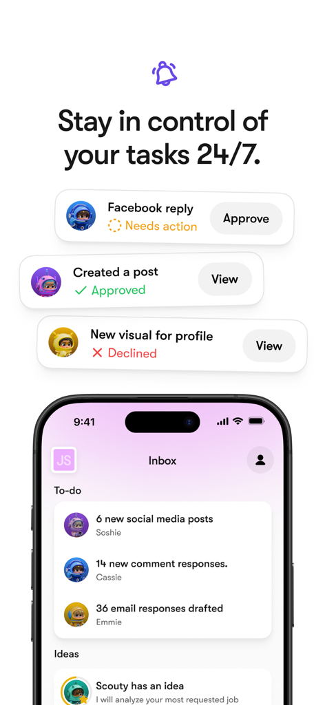 Sintra: AI Employees - Sintra mobile app dashboard showing automated tasks and approvals from AI assistants like Soshie and Cassie