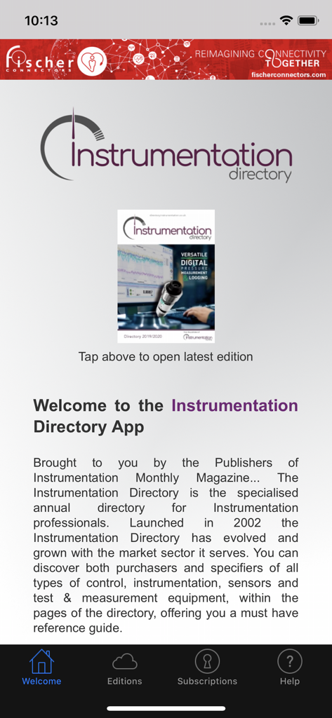 Instrumentation Directory - Welcome screen of the Instrumentation Directory app displaying the latest industrial directory edition.