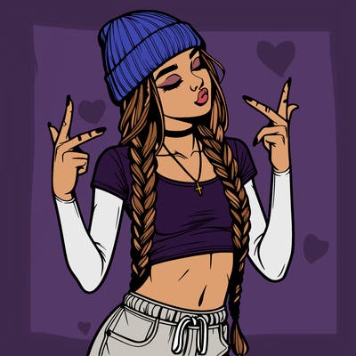 realistic teenage girl with braids and a beanie and crop top doing 🫶🏼