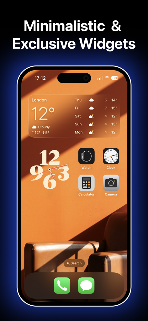 Blank Widget Transparent Space - iPhone home screen displaying aesthetic weather and custom clock widgets over an orange background.