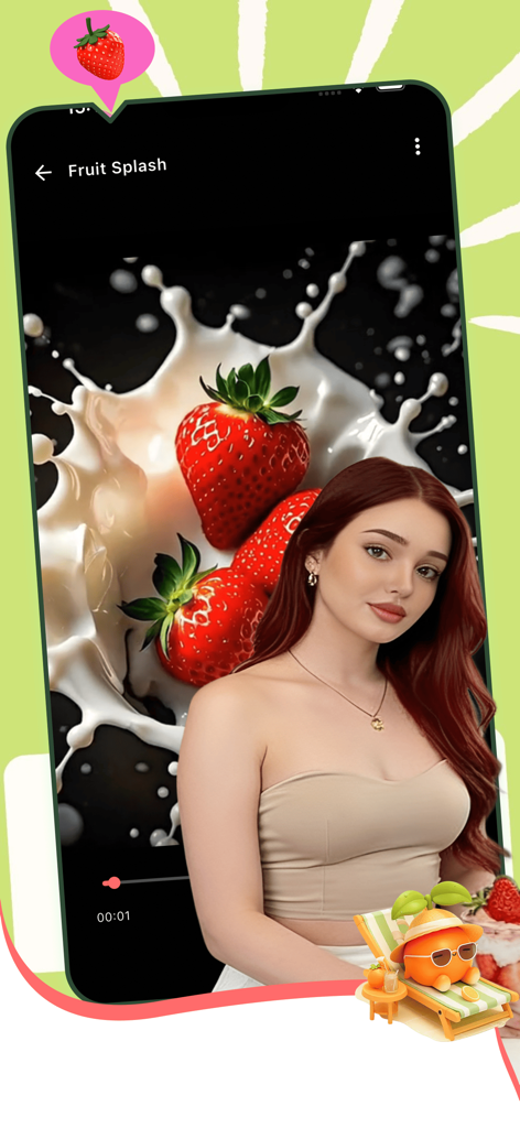 FiMio - FiMioアプリのインターフェース。女性のポートレートとともに、ストロベリーのスプラッシュアニメーションを表示しています。