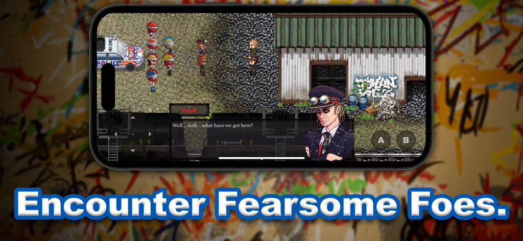 The Tribe Game - Une capture d'écran de gameplay en pixel art de The Tribe Game montrant une rencontre de dialogue avec le personnage Zoot dans un décor post-apocalyptique.