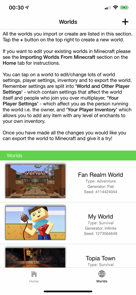 Plug Toolbox for Minecraft - Screen showing a list of imported Minecraft worlds in Plug Toolbox for editing settings.
