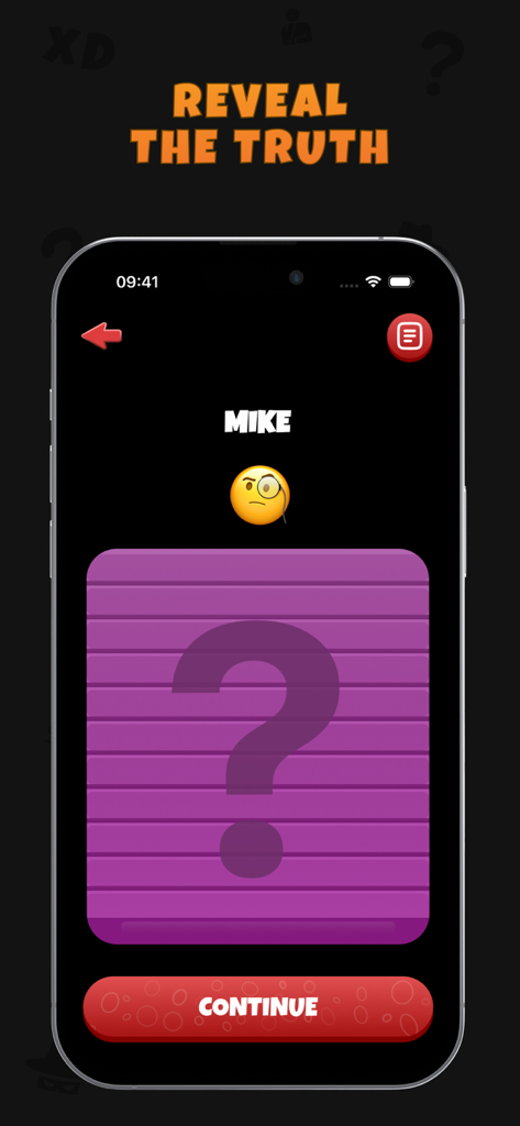 Fake It - Guess The Imposter - Smartphone screen displaying the reveal the truth phase of the Fake It social deduction game.