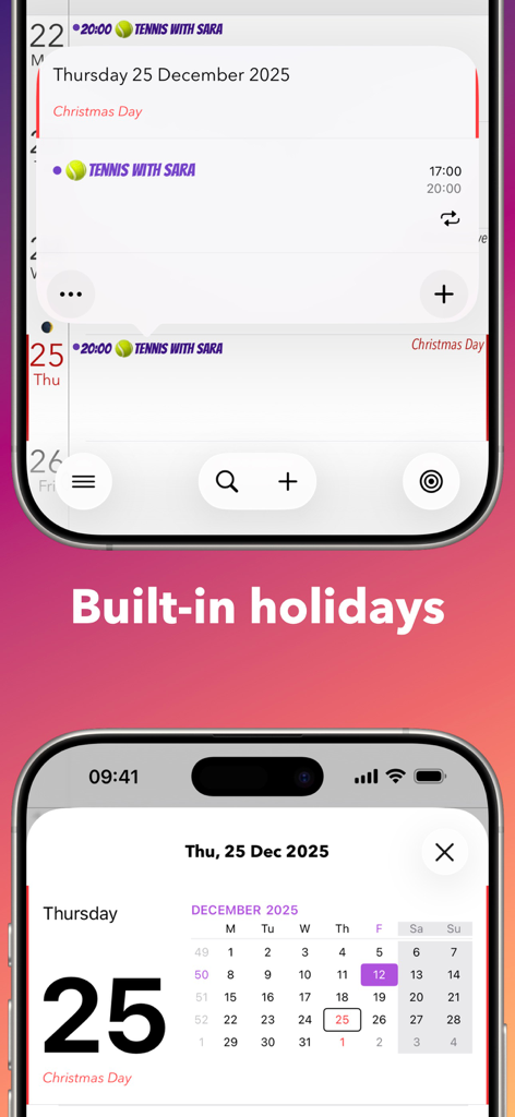 Oberfläche der Calendar Plus App, die die integrierte Funktion zur Feiertagsverfolgung hervorhebt