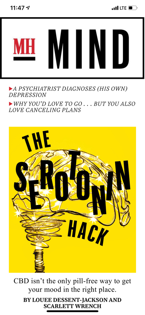Captura de pantalla de la aplicación Men's Health de un artículo de salud mental titulado The Serotonin Hack