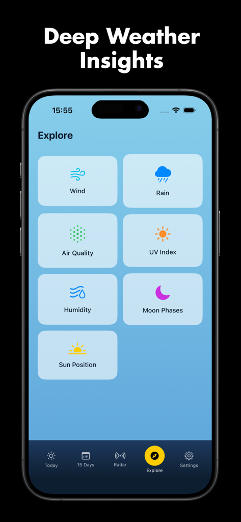 WeatherMax: Daily Forecast - WeatherMax app interface showing explore section with icons for wind rain air quality and UV index