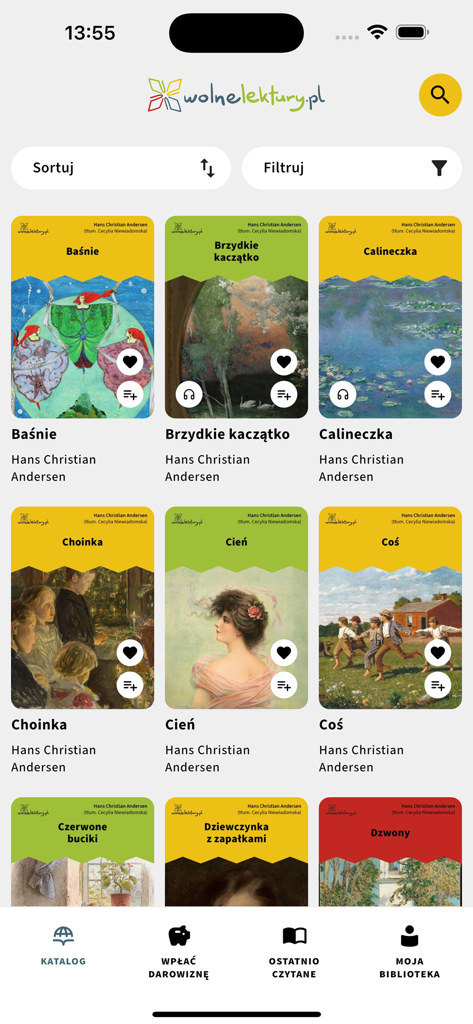 Catalog screen of Wolne Lektury mobile app showing various Hans Christian Andersen books in Polish