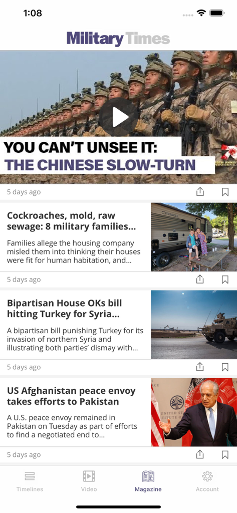 Military Times - Screenshot of the Military Times app displaying a feed of news articles about military life and global defense.