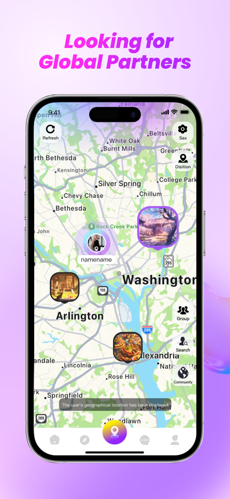 Cocco - Community & Group Chat - A smartphone showing the Cocco app interface with an interactive location map featuring local hobby community icons and user profiles.