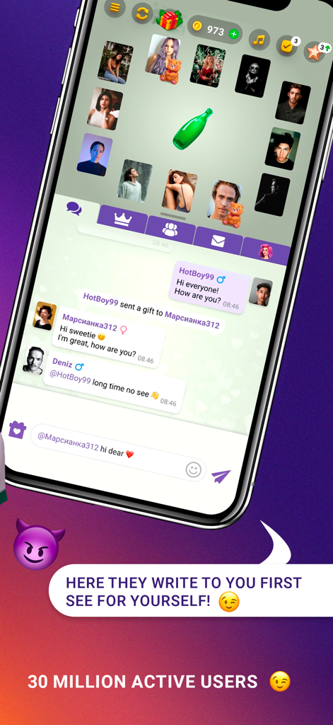 Kiss me: Kissing Games Bottle - Screen of Kiss Me app showing a green bottle surrounded by user profiles and a live chat window