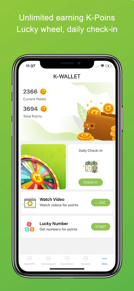 Tomato VPN - Hotspot VPN Proxy - Tomato VPN app rewards screen displaying K-Wallet points with lucky wheel and daily check-in features