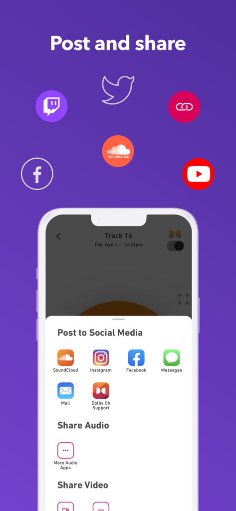 Interface showing options to share audio and video recordings to social media platforms like SoundCloud Instagram and Facebook