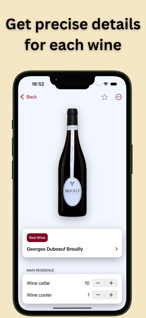 Smartphone screen showing detailed wine information and stock levels for a red wine bottle.