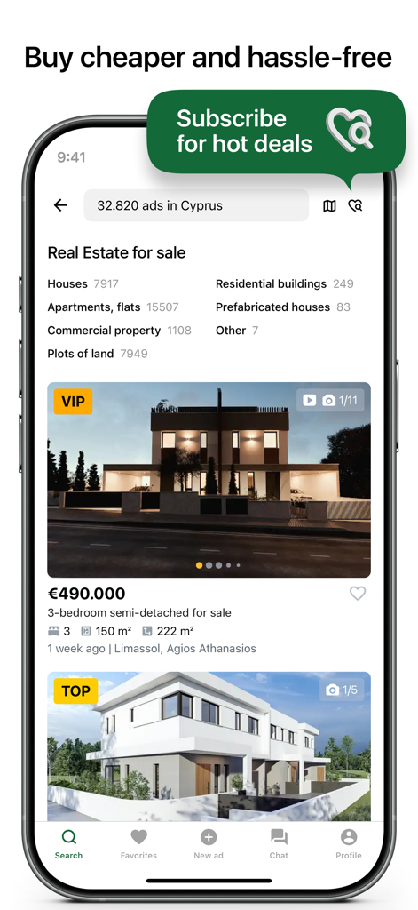 Bazaraki - Interface de l'application mobile Bazaraki affichant des listes de propriétés immobilières à Chypre