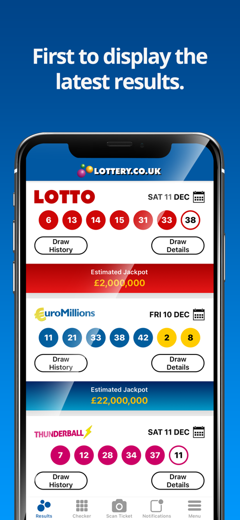 National Lottery Results - Pantalla de la aplicación National Lottery Results mostrando números ganadores y premios mayores de Lotto y EuroMillions