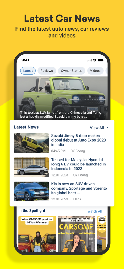 CARSOME: Buy,Sell,Service Cars - Ecrã da aplicação móvel CARSOME exibindo as últimas notícias sobre carros, análises e histórias de proprietários