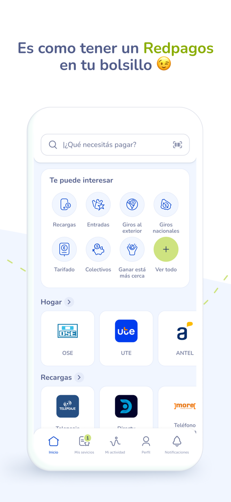 Miredpagos - Miredpagos app home screen showing options for utility bill payments and international money transfers