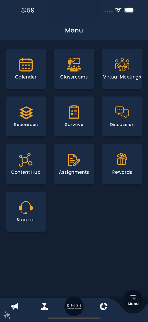 KREDO mobile app main menu displaying icons for classrooms virtual meetings and resources