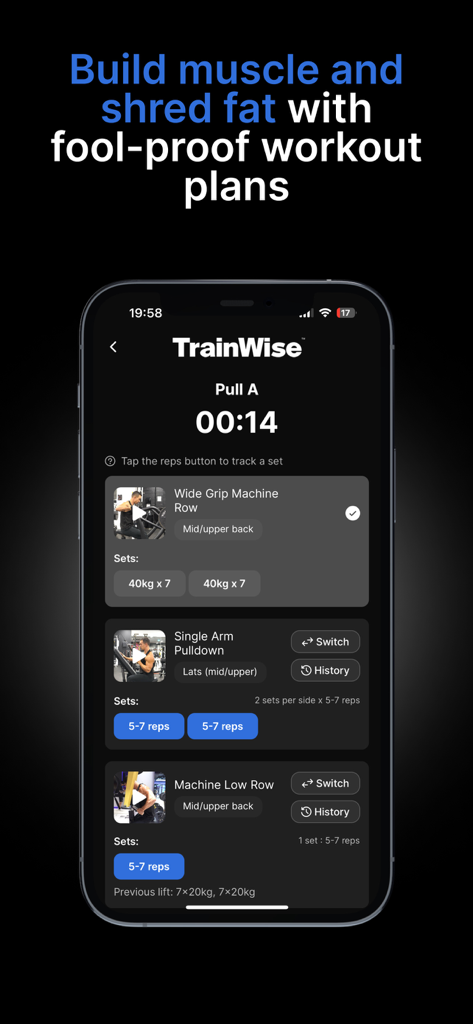 TrainWise app interface showing a pull day workout routine with exercise videos and set logging