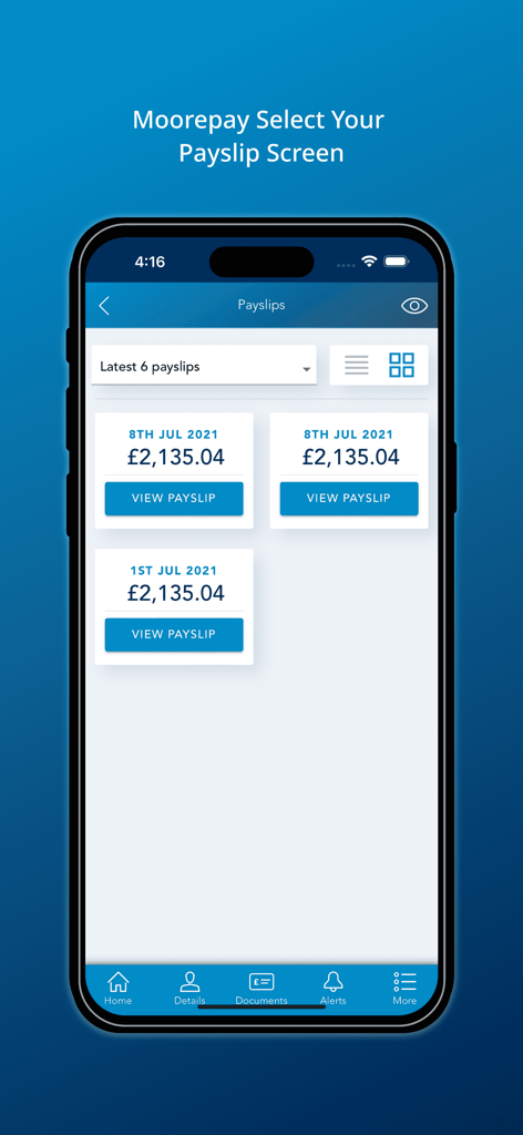 Interface do aplicativo móvel Moorepay mostrando uma lista de contracheques digitais com datas e valores de pagamento