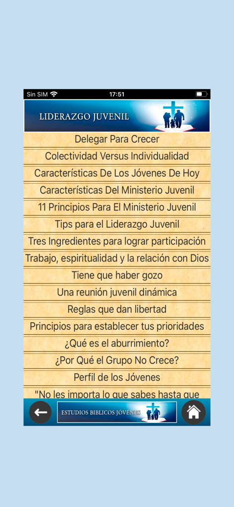 Screen from Estudios Biblicos Jovenes showing a list of youth leadership study topics in Spanish