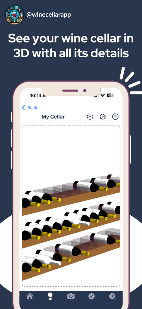 3D visualization of a digital wine cellar collection showing organized bottles on wooden shelves