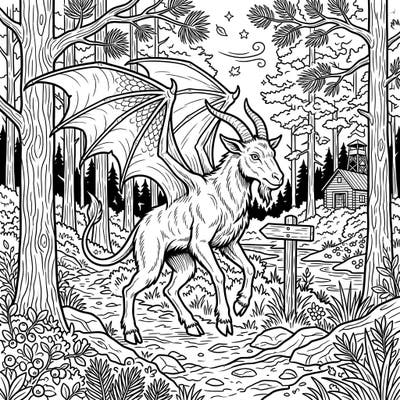 Embark on an epic adventure with this captivating Jersey Devil coloring page, set deep within a mysterious forest. This intricately designed full-scene landscape invites you to bring a legendary creature to vibrant life.