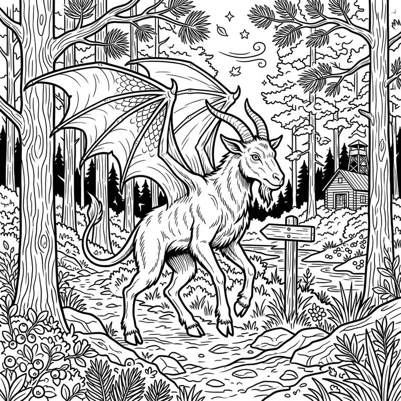 Embark on an epic adventure with this captivating Jersey Devil coloring page, set deep within a mysterious forest. This intricately designed full-scene landscape invites you to bring a legendary creature to vibrant life.